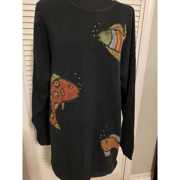 Black Light Slub Relaxed 100% Cotton Painted Fish Drop Shoulder One size Sweater - Picture 7 of 9